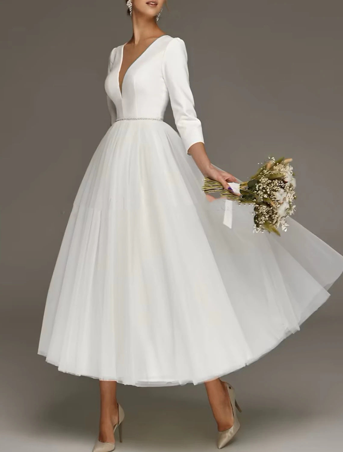 Buyishang Reception Vintage 1940s / 1950s Little White Dresses Wedding Dresses A-Line V Neck 3/4 Length Sleeve Tea Length Satin Bridal Gowns With Solid Color